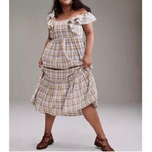 Madewell Ruffle Sleeve Tiered Midi Dress in Blue & Tan Plaid Size 14
